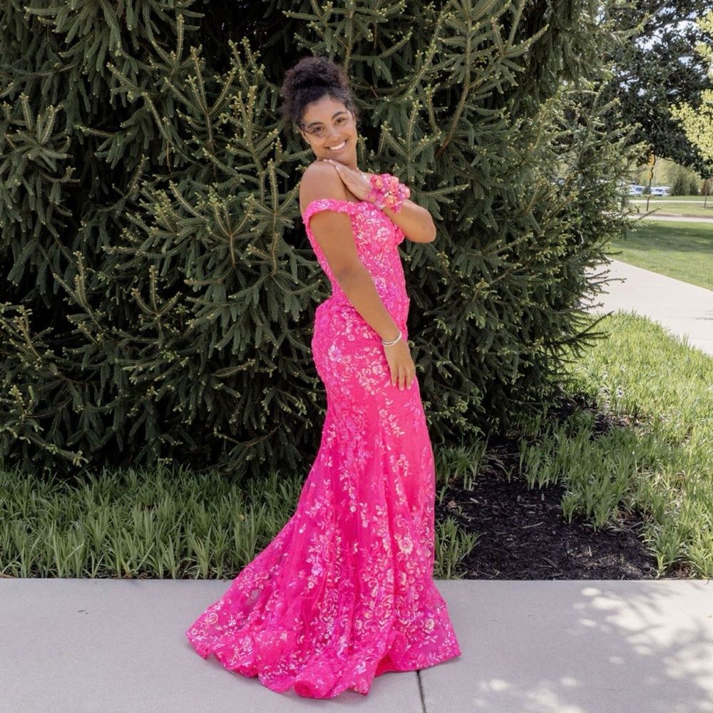 Sherri Hill Hot Pink Off-Shoulder Sequin Mermaid Prom Dress